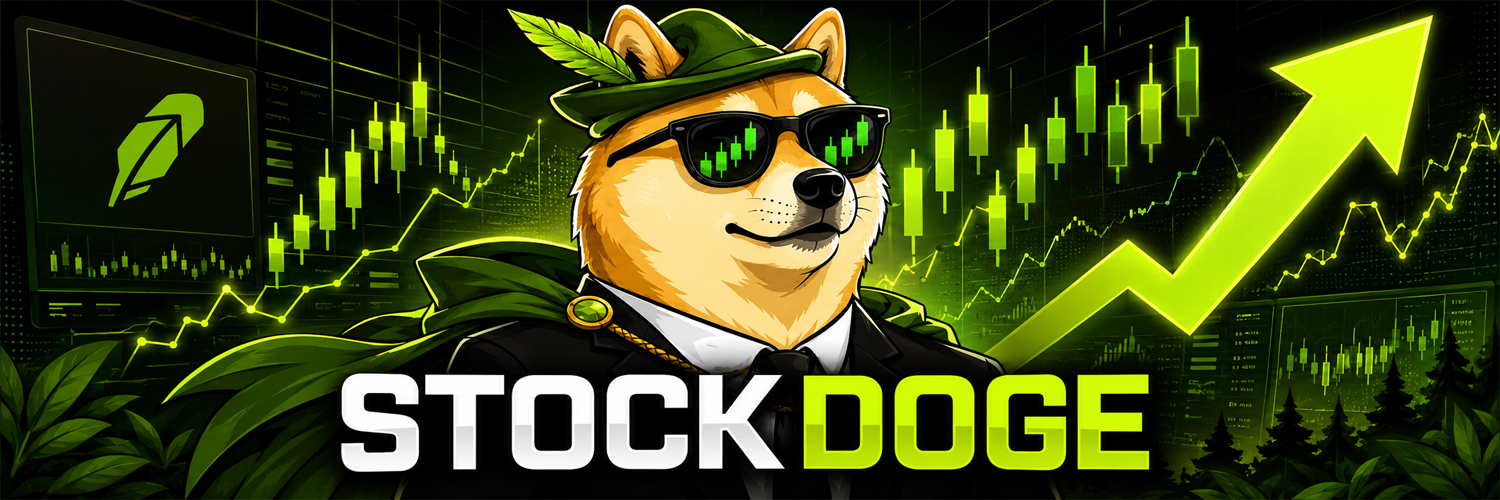 StockDoge banner — doge in a Robinhood hood with rising green charts